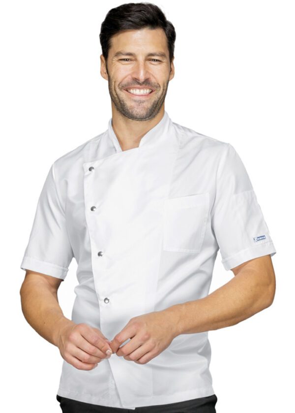 Chaqueta de cocinero Isacco Belfast, manga corta, corte slim fit, 1 bolsillo con botón a presión, ideal para chefs y cocineros.