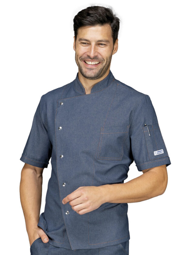 Chaqueta de cocinero Isacco Belfast, manga corta, corte slim fit, 1 bolsillo con botón a presión, ideal para chefs y cocineros.