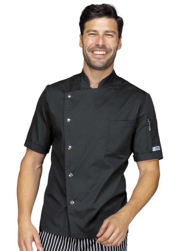 Chaqueta de cocinero Isacco Belfast, manga corta, corte slim fit, 1 bolsillo con botón a presión, ideal para chefs y cocineros.