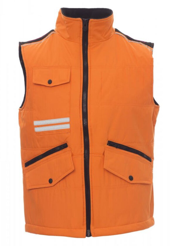 Chaleco de trabajo color naranja con bandas reflectantes para mayor visibilidad.