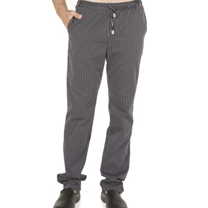 Pantalones de cocina de rayas elegantes y cómodos, ideales para entornos de hostelería.