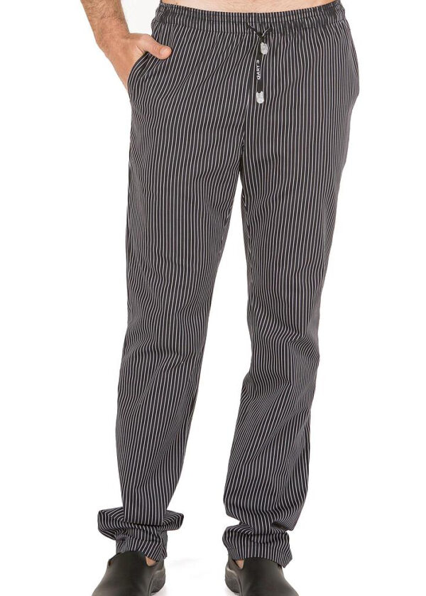 Pantalones de cocina de rayas elegantes y cómodos, ideales para entornos de hostelería.